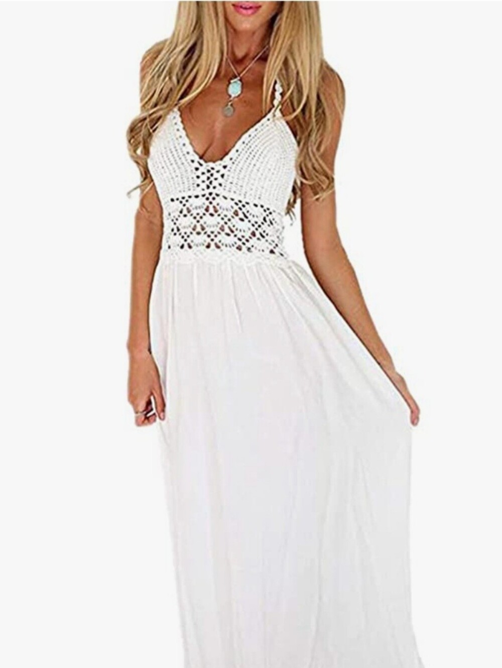 White Boho Crochet Empire Waist Halter Maxi Dress Romantic Beach Flowy Dainty